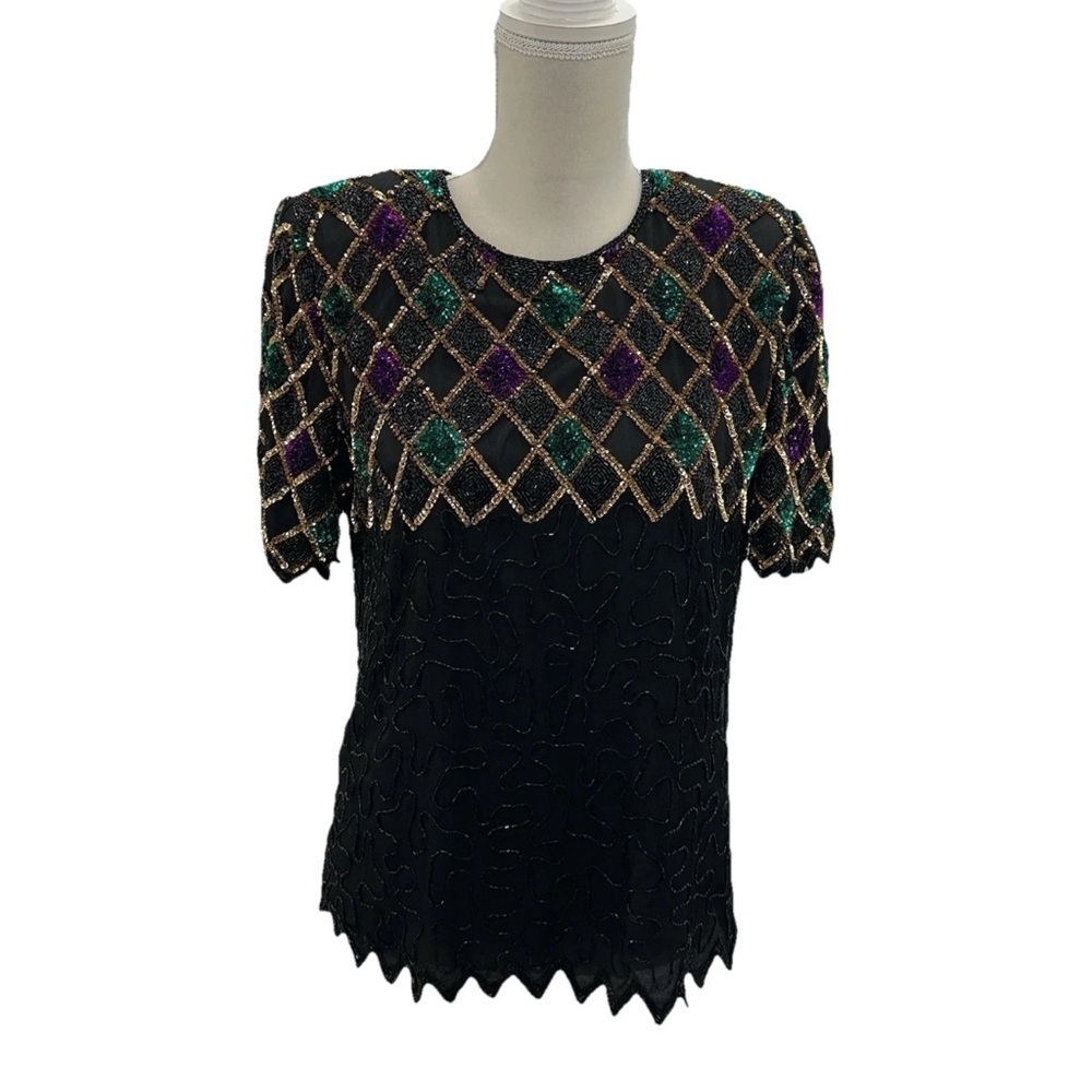 Vintage Mark & John by Gopal Pure Silk Sequins Beaded Top Blouse Statement 80’